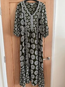 Monsoon Artisan "Ella" Dark Green, White Circle Print Long Length Dress, Size 12 - Picture 1 of 14