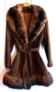Vintage (80/90s) Brown Suede Leather Coat with Fur Trim Women Medium - Beautiful