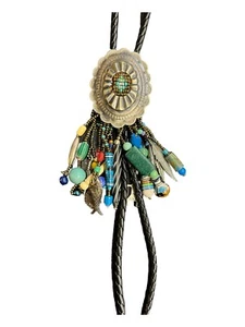 Vintage Leather Bolo Tie Southwestern Beads Gemstone Beads Multi-Strand - Picture 1 of 18