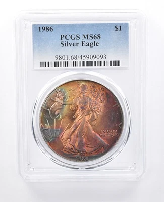 1986 American Silver Eagle MS68 PCGS Rainbow Tone *8011 - Image 1 of 3