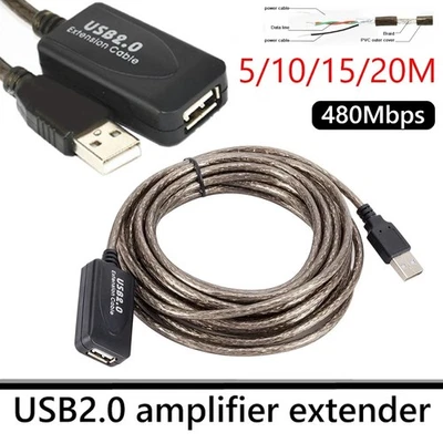USB 2.0 Extension Cable 5/10/15/20m Active Repeater Lead Male to Female Adapter - Image 1 of 4