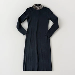 Eliza J Black Bodycon Knit Midi Dress Size M Mock Neck Rhinestone Long Sleeve - Picture 1 of 8