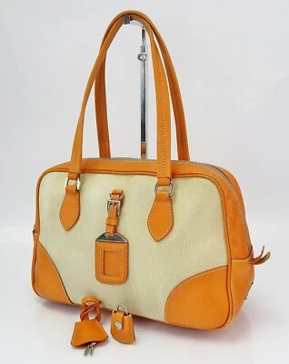 Auth PRADA Beige Canvas and Orange Leather Boston Bag Purse #60620 - Image 1 of 4