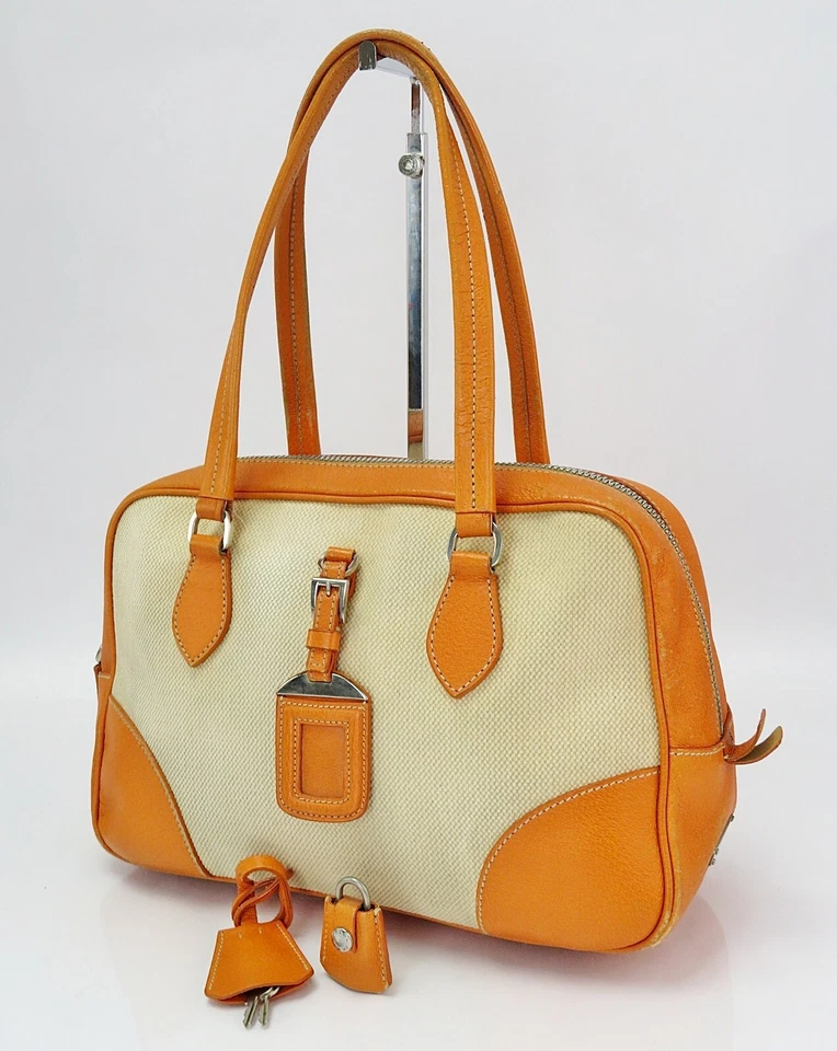 Auth PRADA Beige Canvas and Orange Leather Boston Bag Purse #60620 - Image 1 of 4