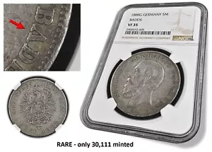 1888G German States BADEN 5 Mark, inverted "V" for "A" (NGC VF35 Certified) - Picture 1 of 9