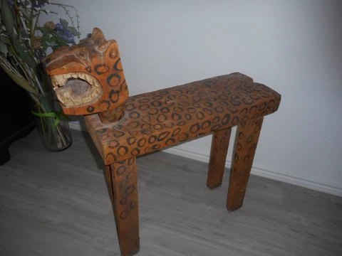 Antique Vintage Hand Carved Folk Art Leopard Bench Cover