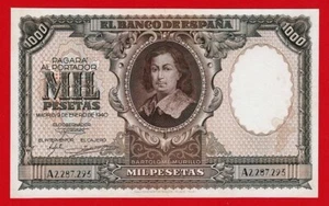 1000 Pesetas, 1940 "Murillo" incollato a strappo sul margine superiore e macchia, SPAGNA - Foto 1 di 2