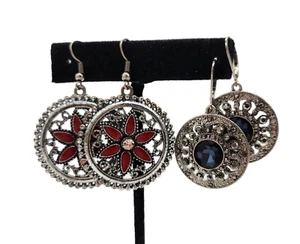 Pierced Earrings Silver Tone Black Red Rhinestone Medallion Dangle Lot of 2 Boho - Picture 1 of 7
