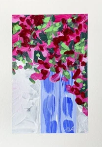 Original Painting Santorini Greece Pink Flowers Blue Impressionist Signed 5x7 - Picture 1 of 3