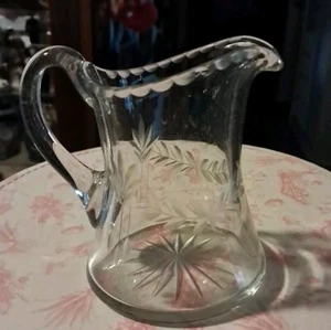 Vintage Cut Etched Glass Small Pitcher Heavy Clear Scalloped Edging - Picture 1 of 12