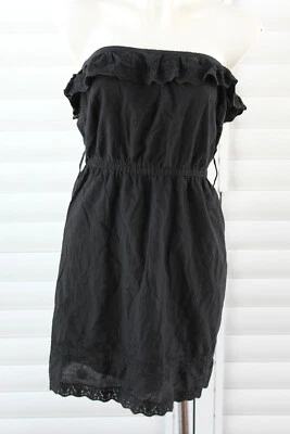 🇮🇱 TALLA 10 DESEO NEGRO ALGODÓN VOLANTES SIN TIRANTES VESTIDO LAZOS SIN CINTURÓN Foto 1 de 4