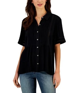 Style & Co Petite Pintuck Short-Sleeve Button-Front Shirt Sz PXL, Black - Picture 1 of 4