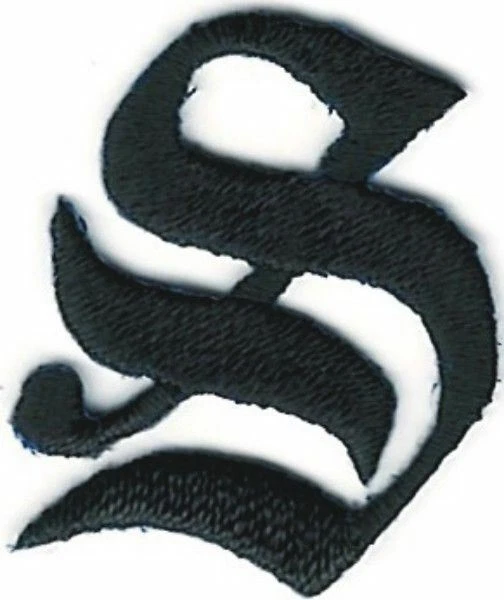 1 1/8" Fancy Black Old English Alphabet Letter S Embroidered Patch - Image 1 of 1