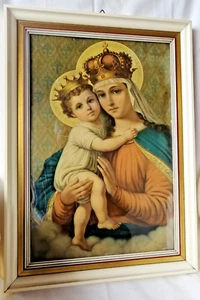 Marienbildnis / Madonnenbild - Mutter Gottes, mit Kind und Krone - Rahmen / Glas - Bild 1 von 4