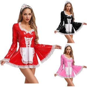 Womens French Maid Costume Sexy Wetlook PU Leather Mini Dress with Lace Headwear - Picture 1 of 46
