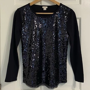 J. Rundhalsausschnitt schwarz Pailletten vorne Oberteil Rundhals Stretch Strick Urlaub Abend Gr. Small - Bild 1 von 10