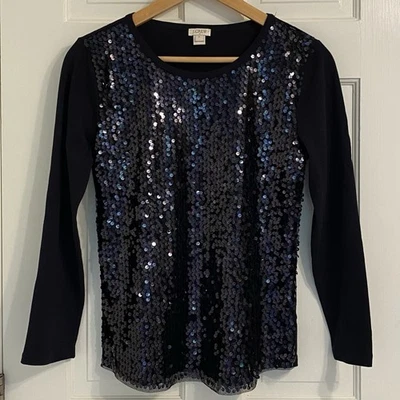 J. Top Crew Negro Lentejuelas Frontales Cuello Redondo Tejido Elástico Vacaciones Noche Talla Pequeña Foto 1 de 4