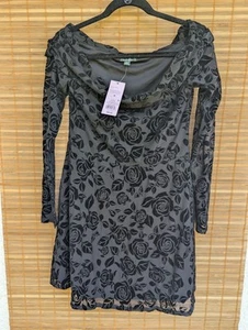 Wild Fable Women's Off Shoulder Long Sleeve Black Velvet Flower Print Mini Dress - Picture 1 of 6