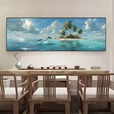 Panoramic Ocean Island with Leaping Dolphins Canvas Print Wall Art Home Decor - Image 1 of 4
