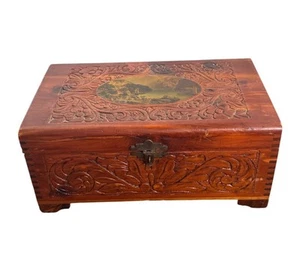 Vintage Carved Wood Box With Mountain Coast Scene Jewelry Trinket Box - Picture 1 of 7