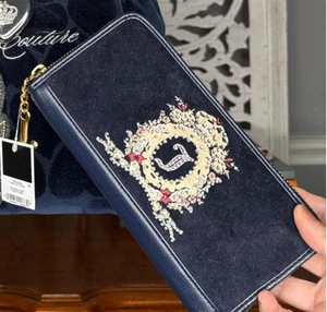 Juicy Couture Navy Blue Velour Large Wallet with Embroidery and Crystals - Picture 1 of 2