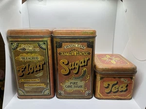Set of 3 Cheinco Tin Canisters & Lids Tea Sugar Flour Brown Metal Vintage - Picture 1 of 14
