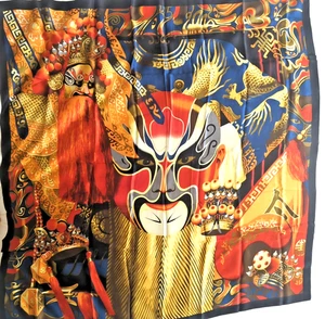 Silk Asian Opera Mask Print Scarf 40x40 Chinese Warrior Menglong London NWT - Picture 1 of 18