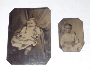 Antique Tintype Photographs Civil War Era Children Smiling Baby & Girl Tinted - Picture 1 of 3