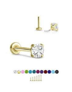 Threadless Labret Nose Ring Monroe Push Pin Yellow Gold Steel 3mm Prong CZ - Picture 1 of 14