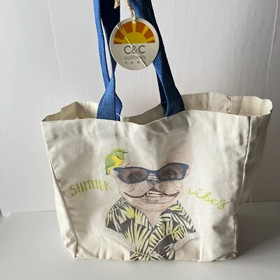 Bolso de Mano C&C CALIFORNIA Lona Verano Vibraciones Perro Pájaro Playa Picnic Reutilizable Foto 1 de 4