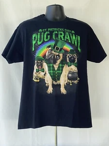 St. Patrick's Day Pug Crawl T-Shirt Black Green Size Large - Picture 1 of 6