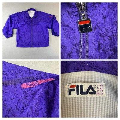 FILA Vintage 80s Windbreaker Womens 12 Large Purple Pink Neon Nylon Jacket - Image 1 of 4
