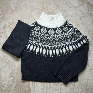 Massimo Dutti Sweater Womens Medium Large Black White Fair Isle Turtleneck Knit - Picture 1 of 9