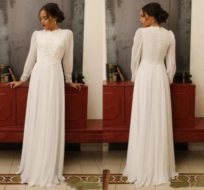 Vintage Chiffon A-Line Wedding Dresses Puffy Long Sleeves High Neck Appliques - Image 1 of 4