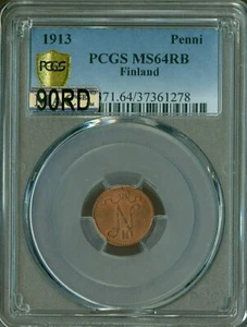 1913 FINLAND PENNI NGC MS64 RB MAC 90RD or 90% RED * - Picture 1 of 2