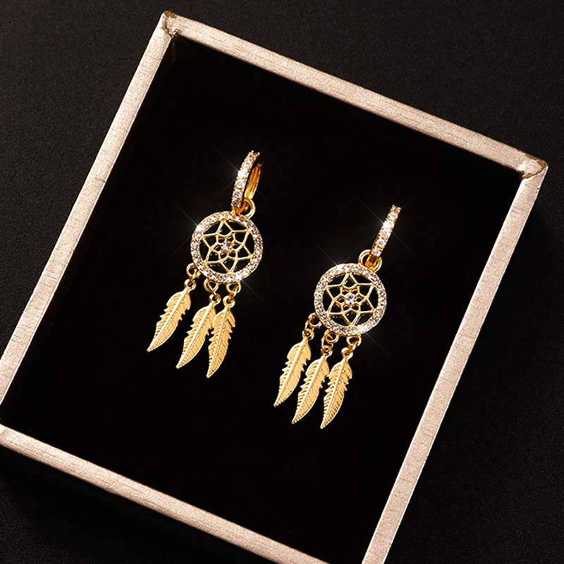 Women's Fashion Jewelry Gold Feather Dream Catcher Boho Drop Earrings 1-172 - Image 1 of 4