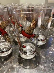 Set Of 12Vintage Hazel Atlas MCM Highball Glasses With Pheasants/22k Gold Accent - Picture 1 of 6