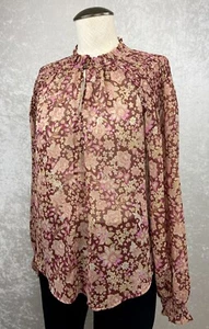 Joie Size XS Floral Burgundy Blouse Top Smocked Key Hole Front Long Sleeves - Picture 1 of 12