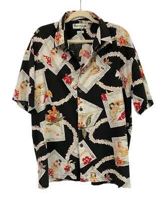 VTG Robert Stock Hawaiian Shirt Mens XL Black Island Girls Floral Pinup Camp — 第 1/4 张图片