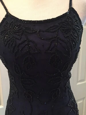 Cache Heavily Beaded Blue/Black  Strappy Back Formal Pure Silk L - Image 1 of 4