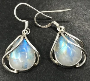 Rainbow moonstone pear solid Sterling Silver drop earrings. 37mm. Gift box - Picture 1 of 11