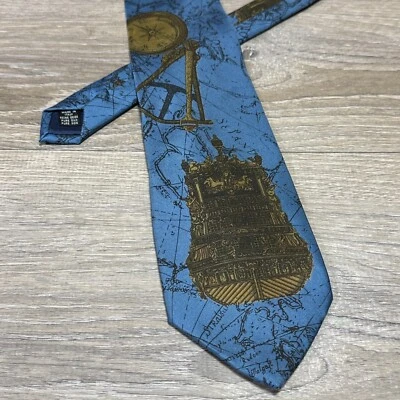 Structure Nautical Theme Ship Compass Blue Handmade Luxury 100% Silk Neck Tie - Image 1 of 4