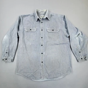 Vtg KEY Workwear Mens L Hickory Stripe Buttondown Denim Long Sleeve Thrashed - Picture 1 of 15