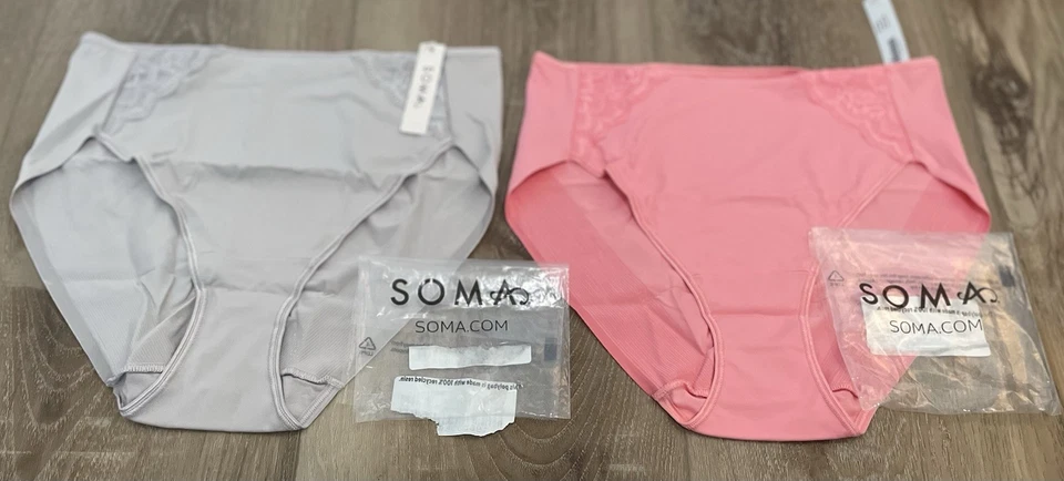 SOMA 大号 VANISHING TUMMY 高腿 带花边 GUAVA & 灰色 PANTY BRIEFS 批量 2 件 全新 — 第 1/3 张图片