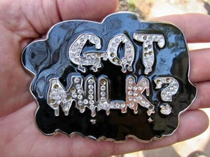 Vtg DAIRY SPILL Belt Buckle AD Promo OOPS Gott Milchen MOO COW Silver RARE VG+ - Picture 1 of 4