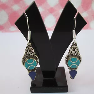 Pendientes colgantes de gancho hechos a mano vintage tibetano lapislázuli turquesa genuino - Imagen 1 de 7