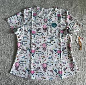 Hello Kitty Scrub Top Sz Large White Tooniforms Treats Shirt Medical Nursing - Picture 1 of 12