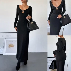 Sexy Women Hollow Knit V-Neck Bodycon Long Dress Ladies Evening Party Maxi Dress - Picture 1 of 22