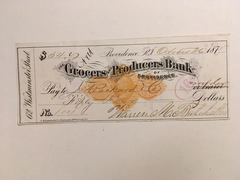 PACKARD PROVIDENCE 1875 REVENUE STAMP CHECK RECEIPT DRAFT Cover