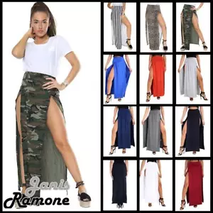 Womens Maxi Skirt Double Split High Waisted Side Slit Plain Summer Long Skirt - Picture 1 of 42